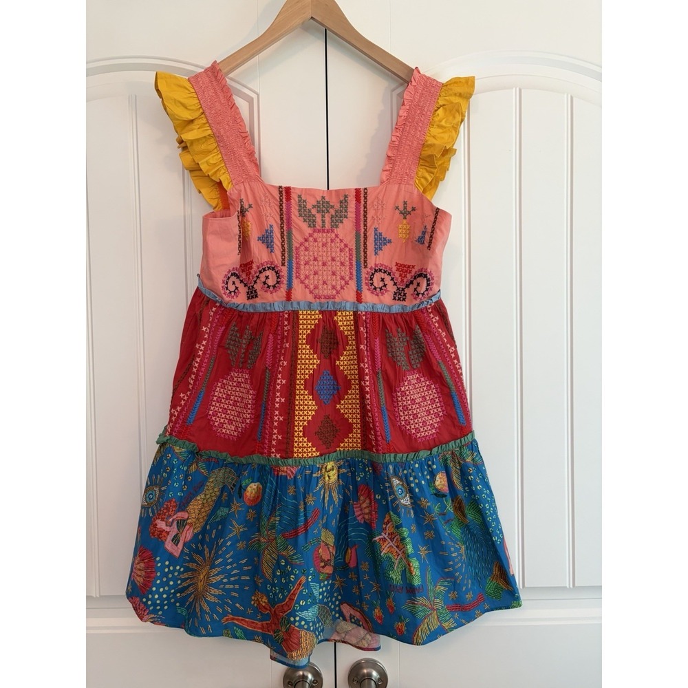 Farm Rio Embroidered Multicolor Block Cross-Stitch Tiered Cotton Minidress Sz M - Picture 3 of 14